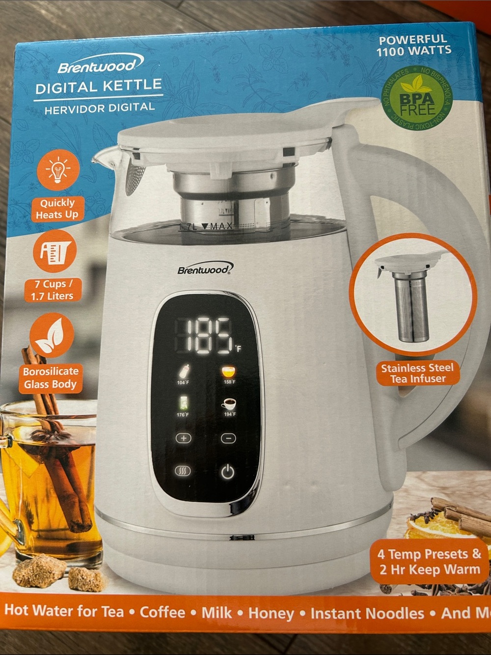 Brentwood White Digital Kettle - 1.7L Borosilicate Glass